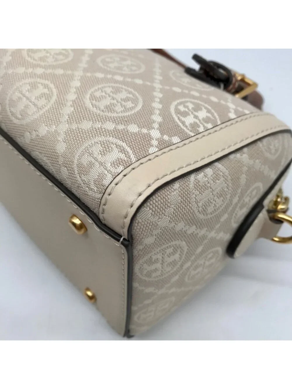 Tory Burch Beige Jacquard Monogram Logo Petite Barrel Bag